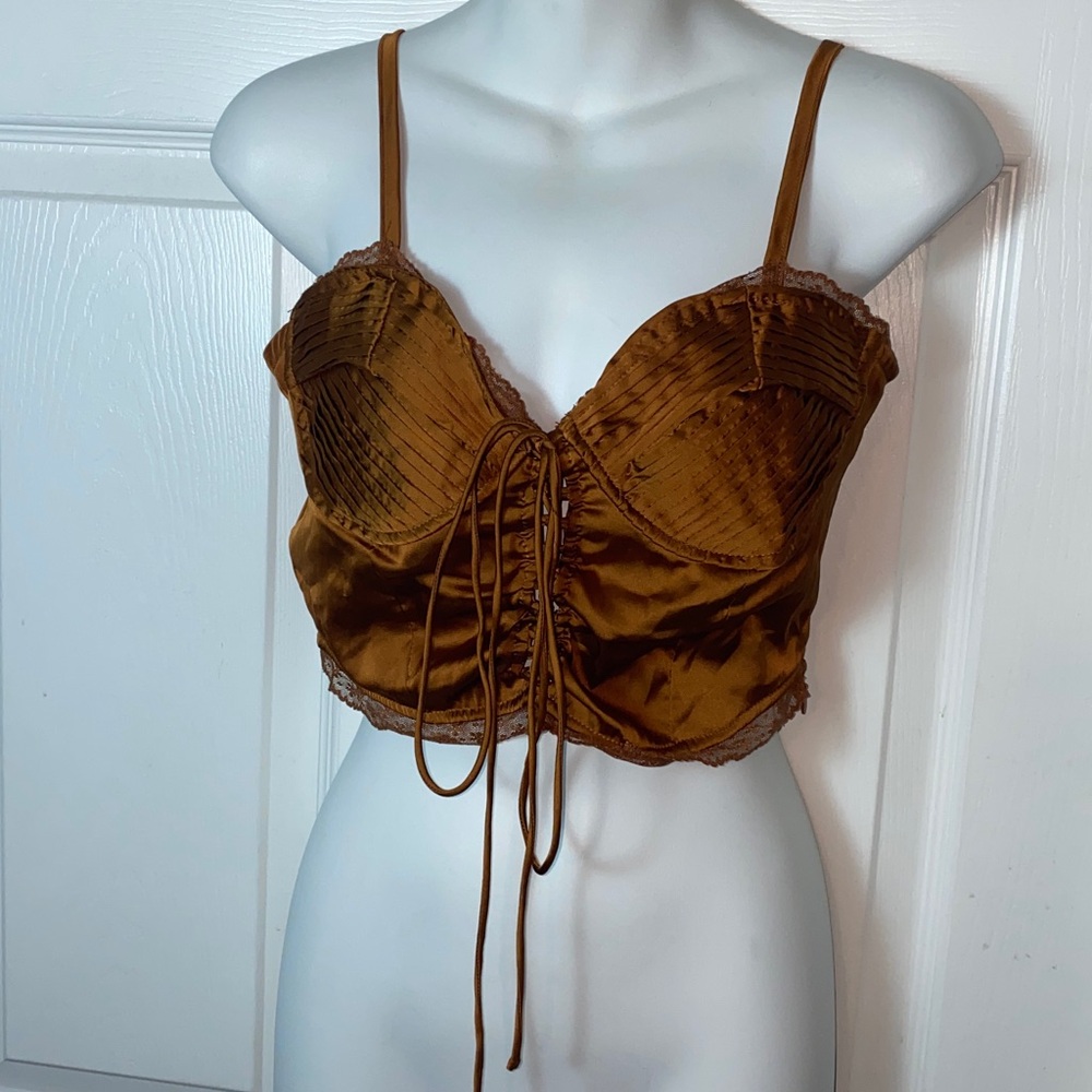 Forever 21 Top Cami Satin Toffee Corset Lace Spaghetti Bustier Lace Trim Size M